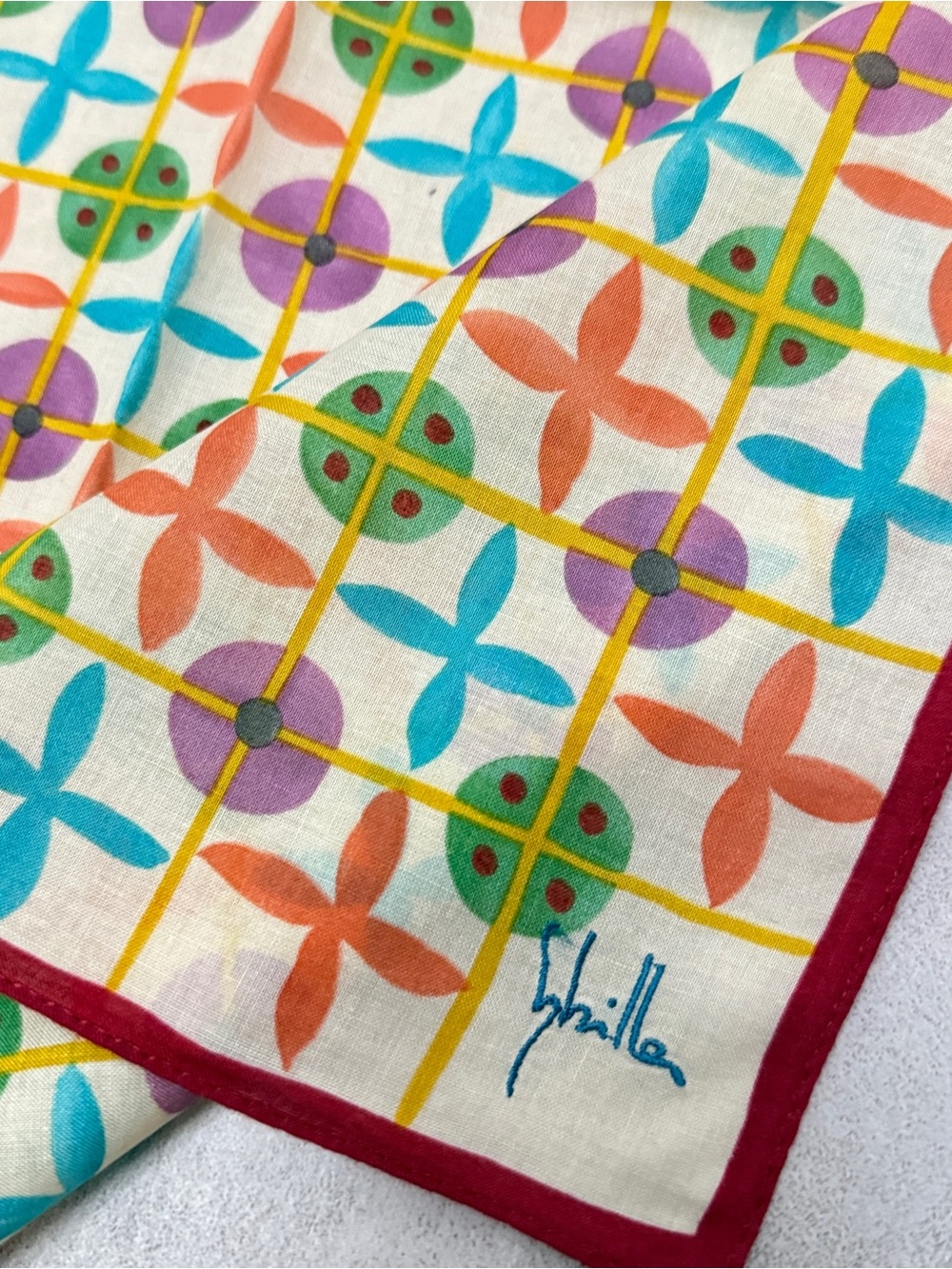 Sybilla vintage handkerchief Multicolor Geometric Cotton Scarf - Cream Base